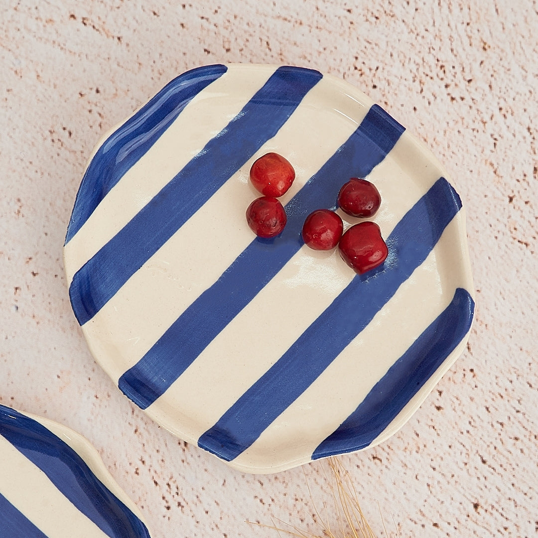 Set of 2 | Blue Stripe Handpainted Ceramic Snack Plates | 6.3"