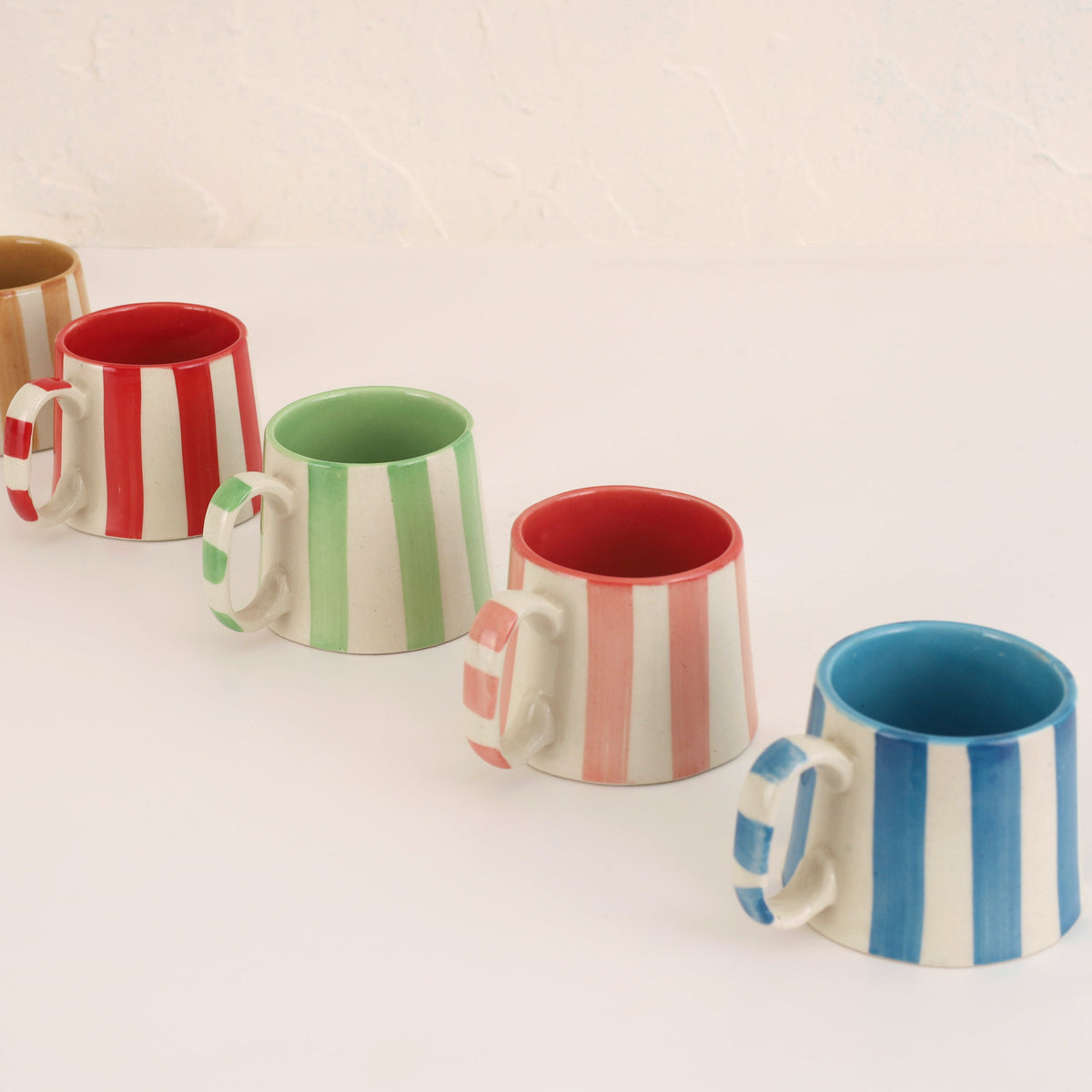 Set of 2 | Aqua Blue Stripe Handpainted Ceramic Coffee Cups | 7.5oz