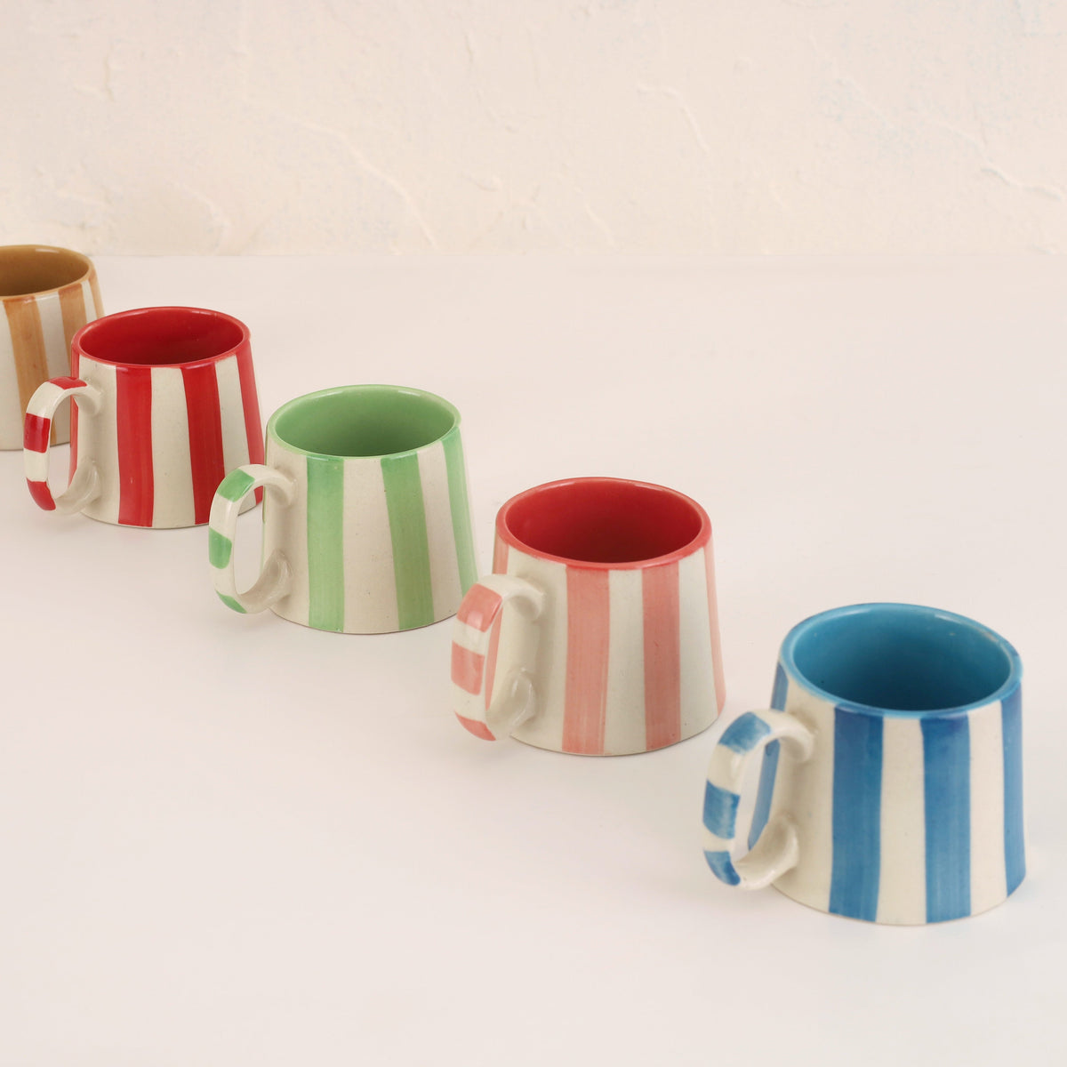 Set of 2 | Red Stripe Handpainted Stoneware Coffee Mugs | 7.5oz