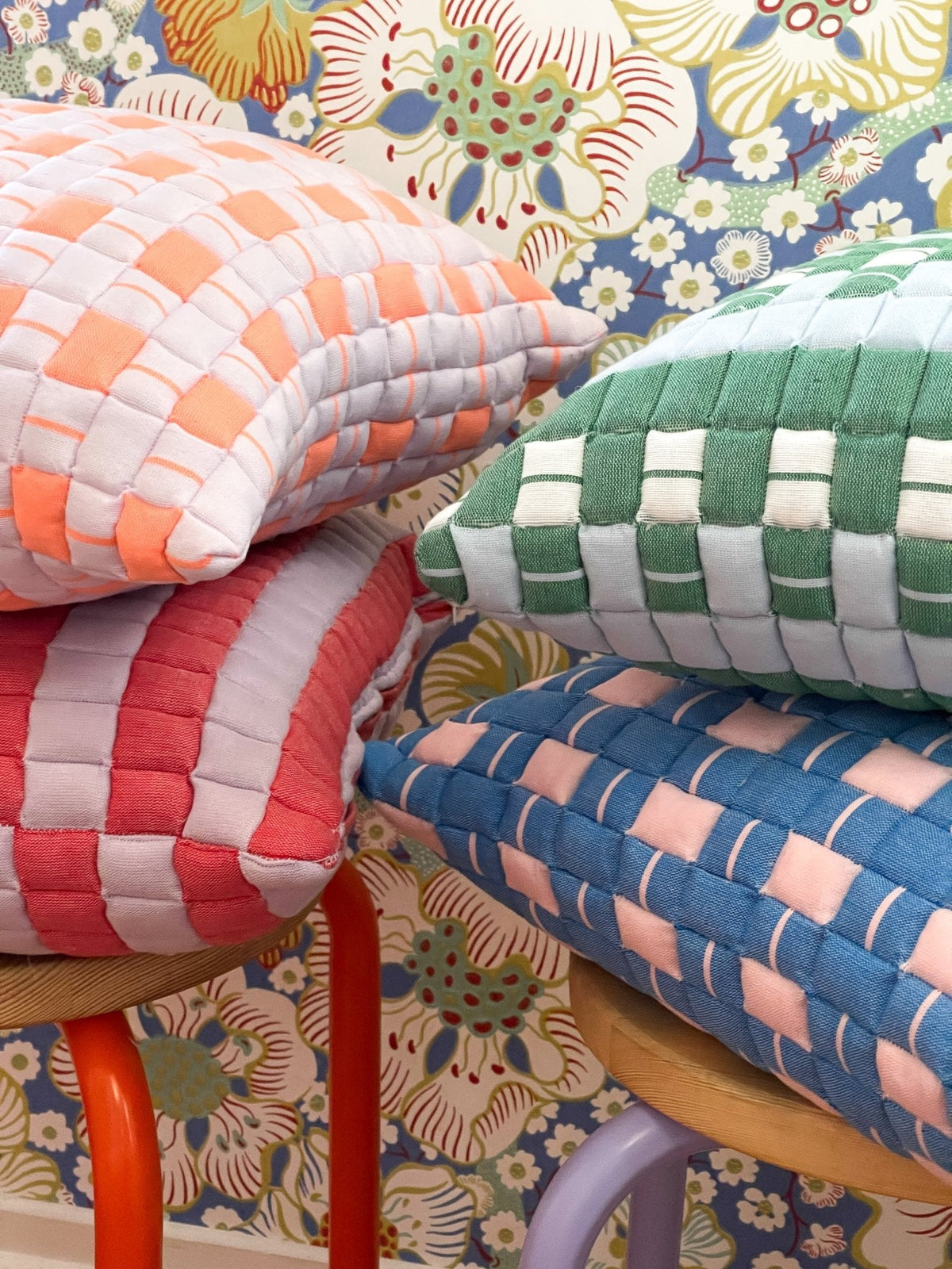 Sujani Quilted Pillow in Soft Pink and Blue
