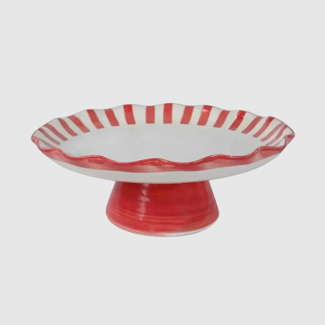 Red Stripe Cake Stand | Handpainted Stoneware