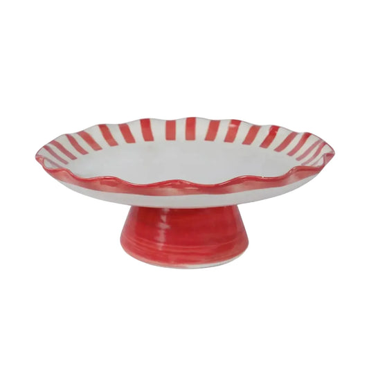 Red Stripe Cake Stand | Handpainted Stoneware