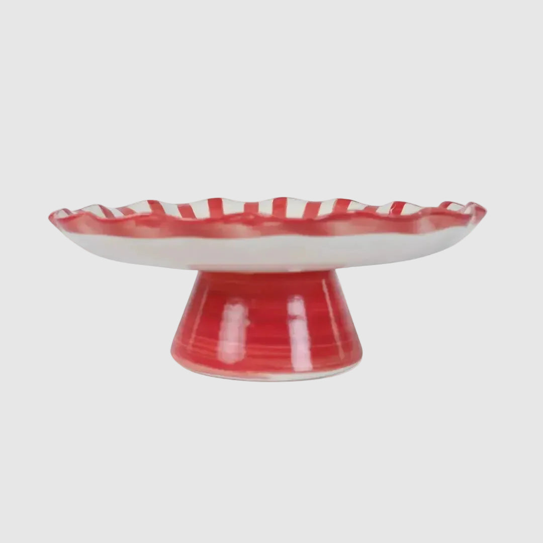Red Stripe Cake Stand | Handpainted Stoneware