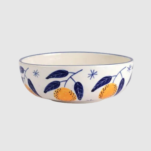 Ceramic bowl with fruit and leaf pattern on a white background