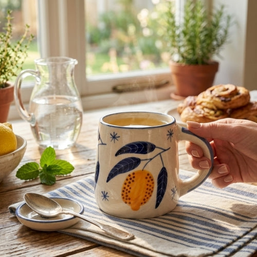 Set of 2 | Yellow Lemon Handpainted Stoneware Coffee Mugs | 250ml