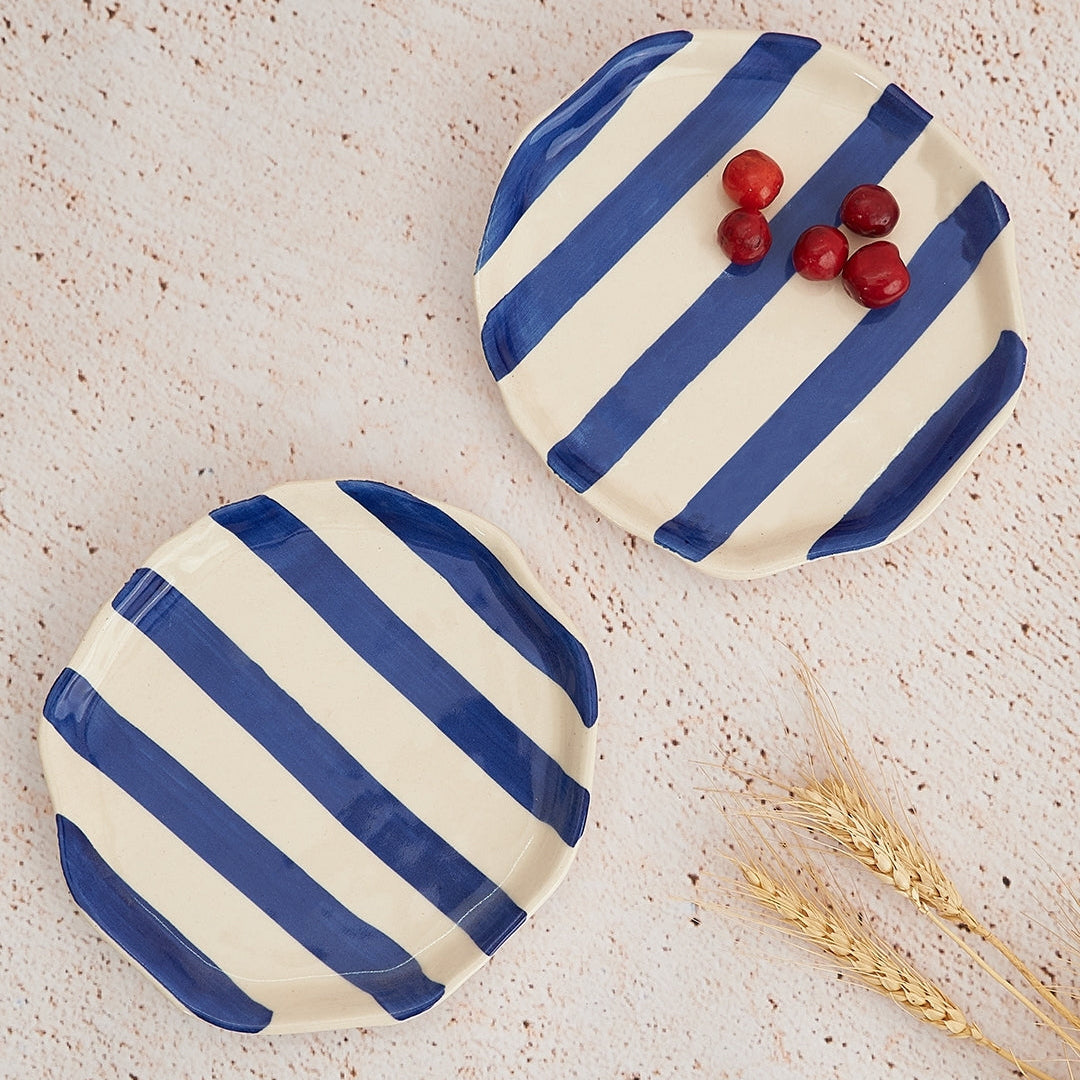 Set of 2 | Blue Stripe Handpainted Ceramic Snack Plates | 6.3"