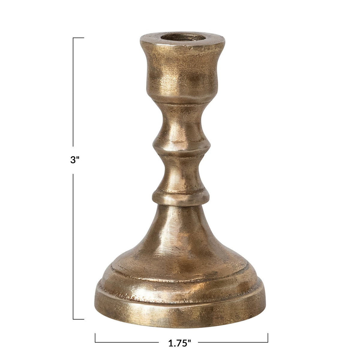 A single candlestick holder with a distressed antique brass finish, shown against a plain white background.