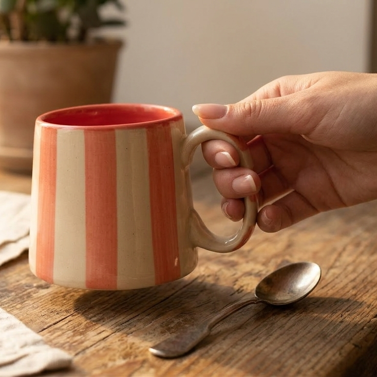 Set of 2 | Pink Stripe Handpainted Stoneware Coffee Mugs | 7.5oz