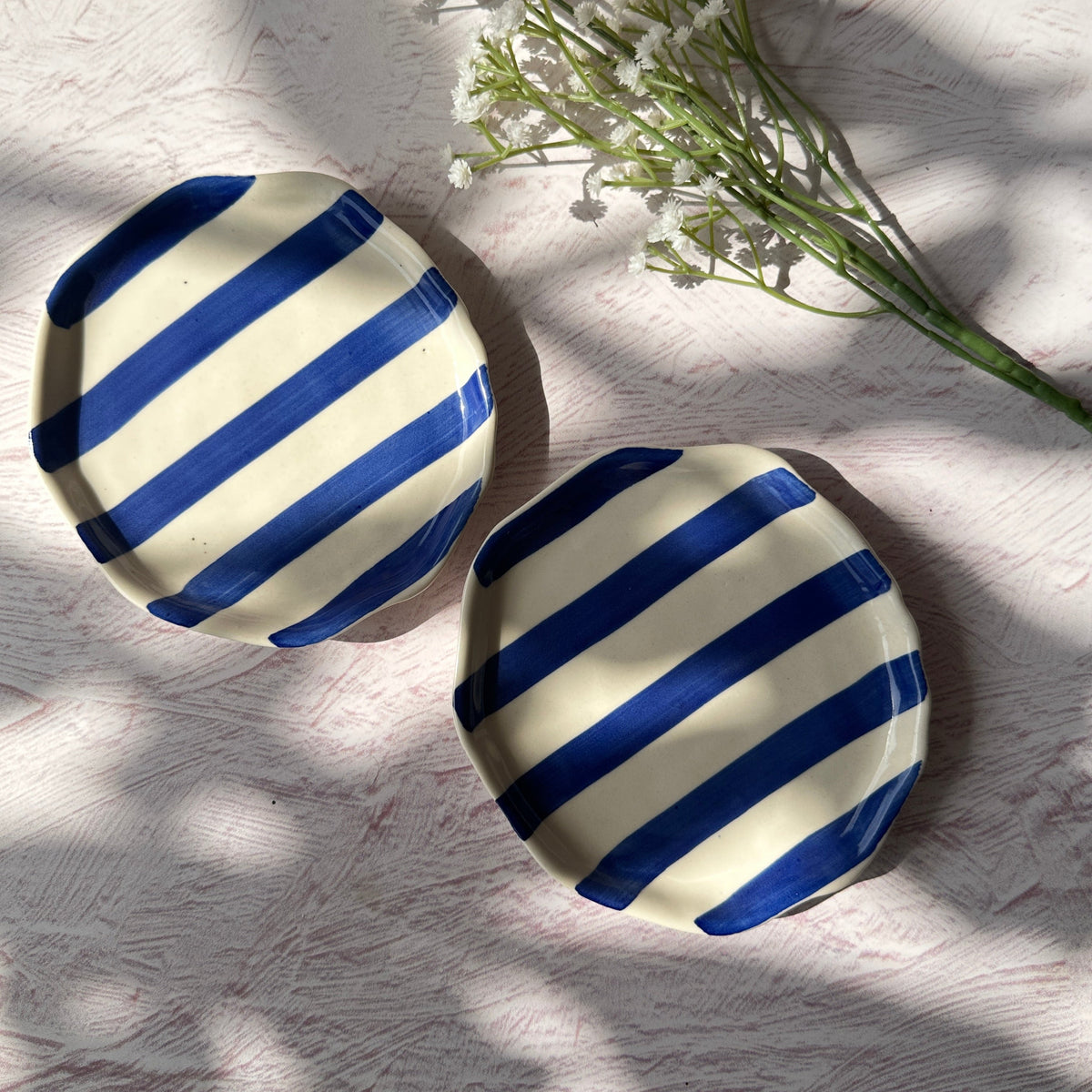 Set of 2 | Blue Stripe Handpainted Ceramic Snack Plates | 6.3"