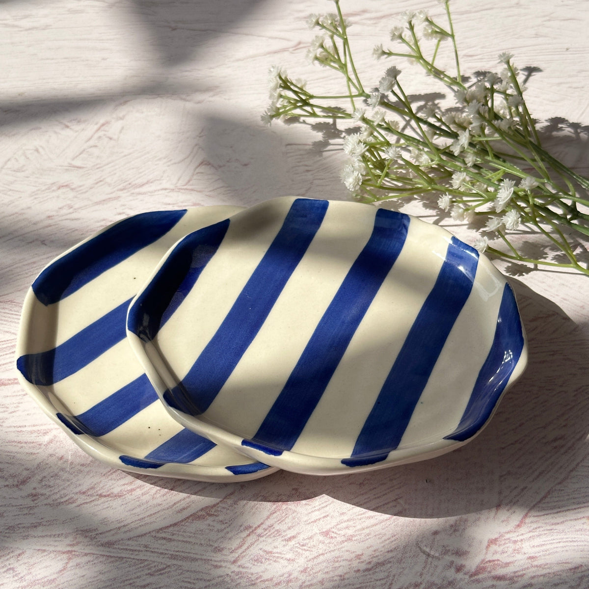 Set of 2 | Blue Stripe Handpainted Ceramic Snack Plates | 6.3"