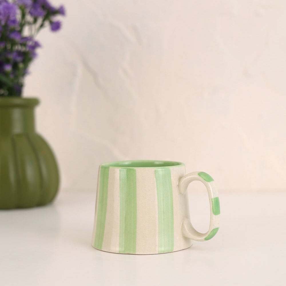 Set of 2 | Green Stripe Handpainted Stoneware Coffee Mugs | 220ml