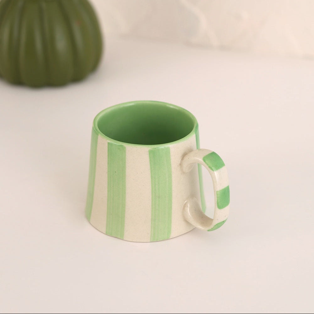 Set of 2 | Green Stripe Handpainted Stoneware Coffee Mugs | 220ml