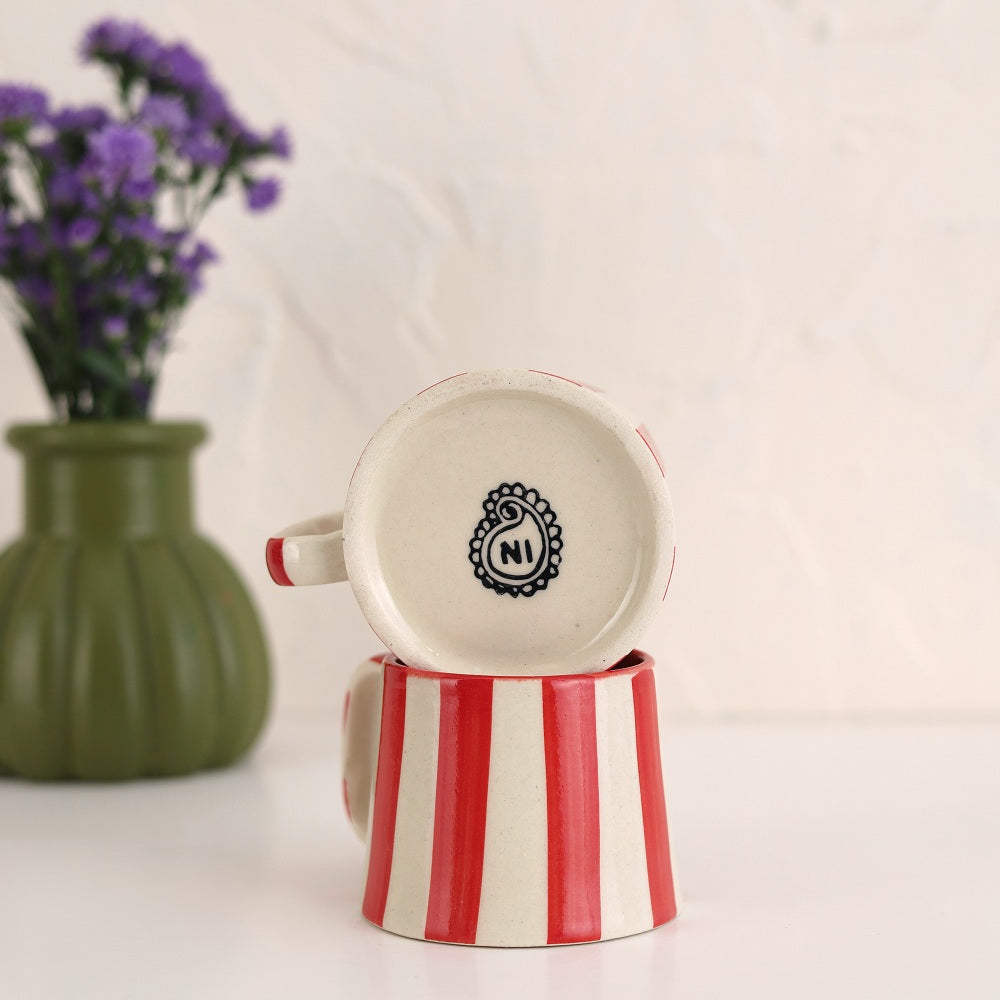 Set of 2 | Red Stripe Handpainted Stoneware Coffee Mugs | 7.5oz