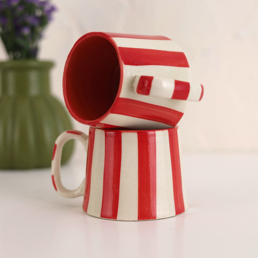Set of 2 | Red Stripe Handpainted Stoneware Coffee Mugs | 7.5oz