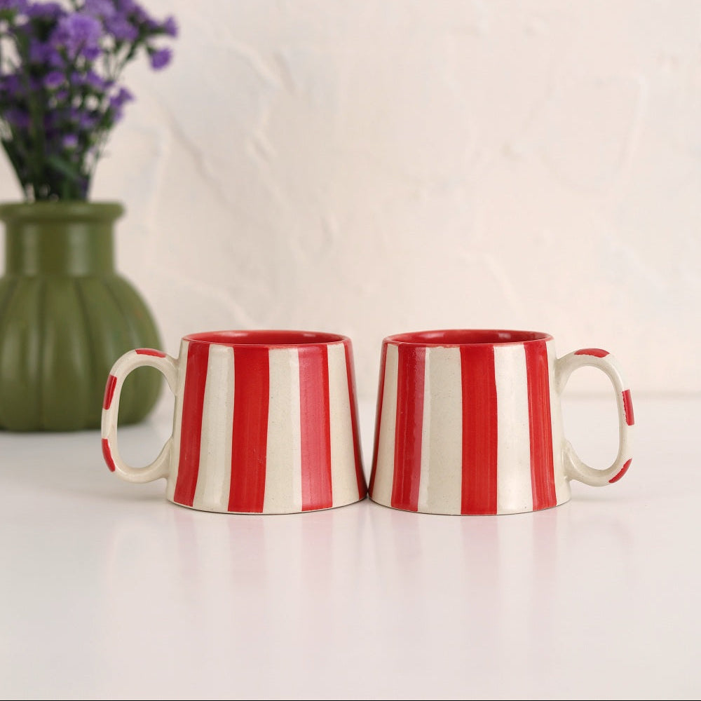 Set of 2 | Red Stripe Handpainted Stoneware Coffee Mugs | 7.5oz