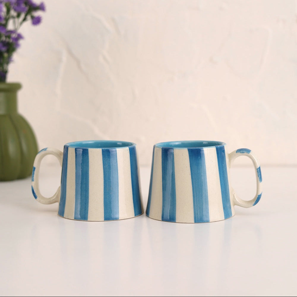 Set of 2 | Aqua Blue Stripe Handpainted Ceramic Coffee Cups | 7.5oz