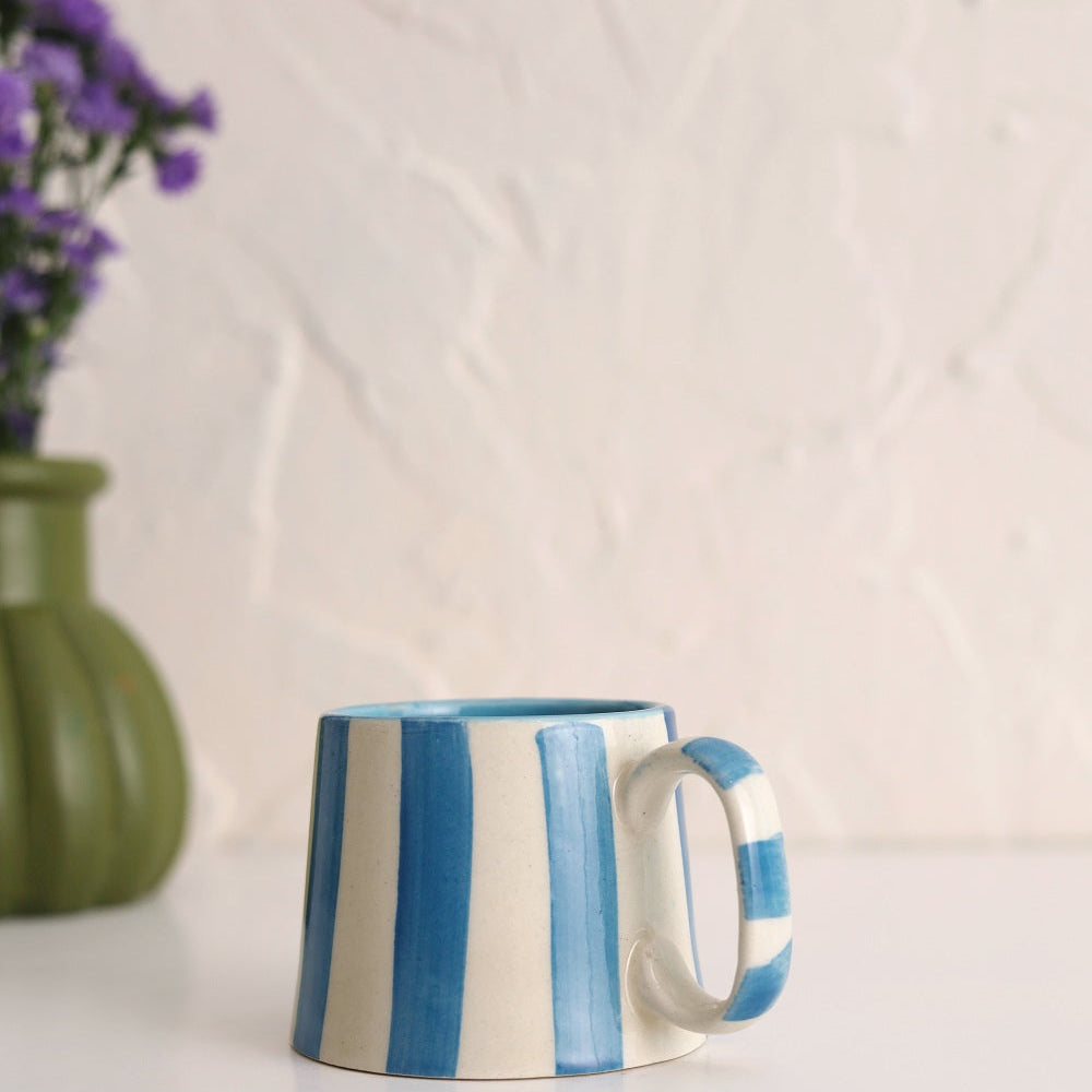 Set of 2 | Aqua Blue Stripe Handpainted Ceramic Coffee Cups | 7.5oz