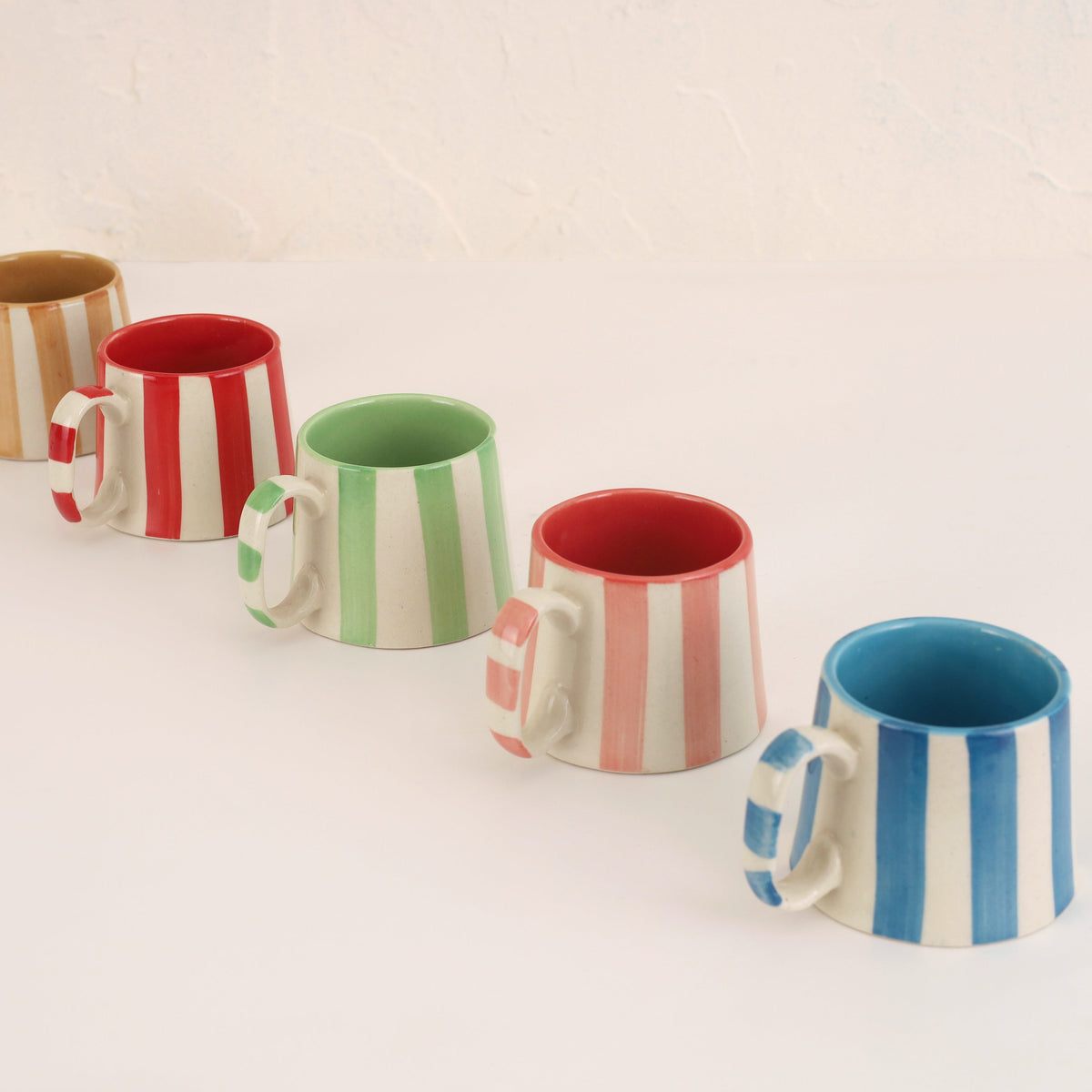 Set of 2 | Green Stripe Handpainted Stoneware Coffee Mugs | 220ml