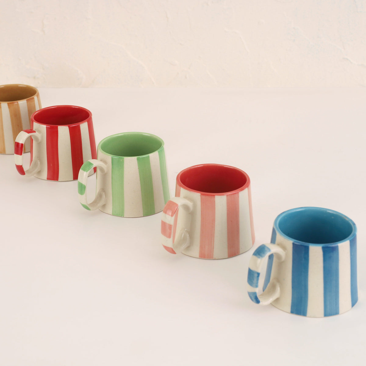 Set of 2 | Pink Stripe Handpainted Stoneware Coffee Mugs | 7.5oz