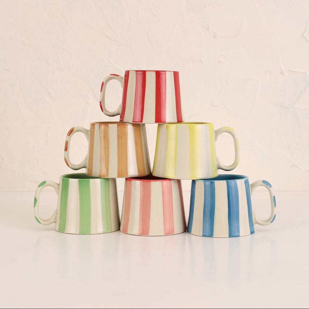 Set of 2 | Green Stripe Handpainted Stoneware Coffee Mugs | 220ml