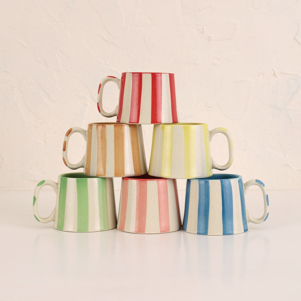 Set of 2 | Red Stripe Handpainted Stoneware Coffee Mugs | 7.5oz