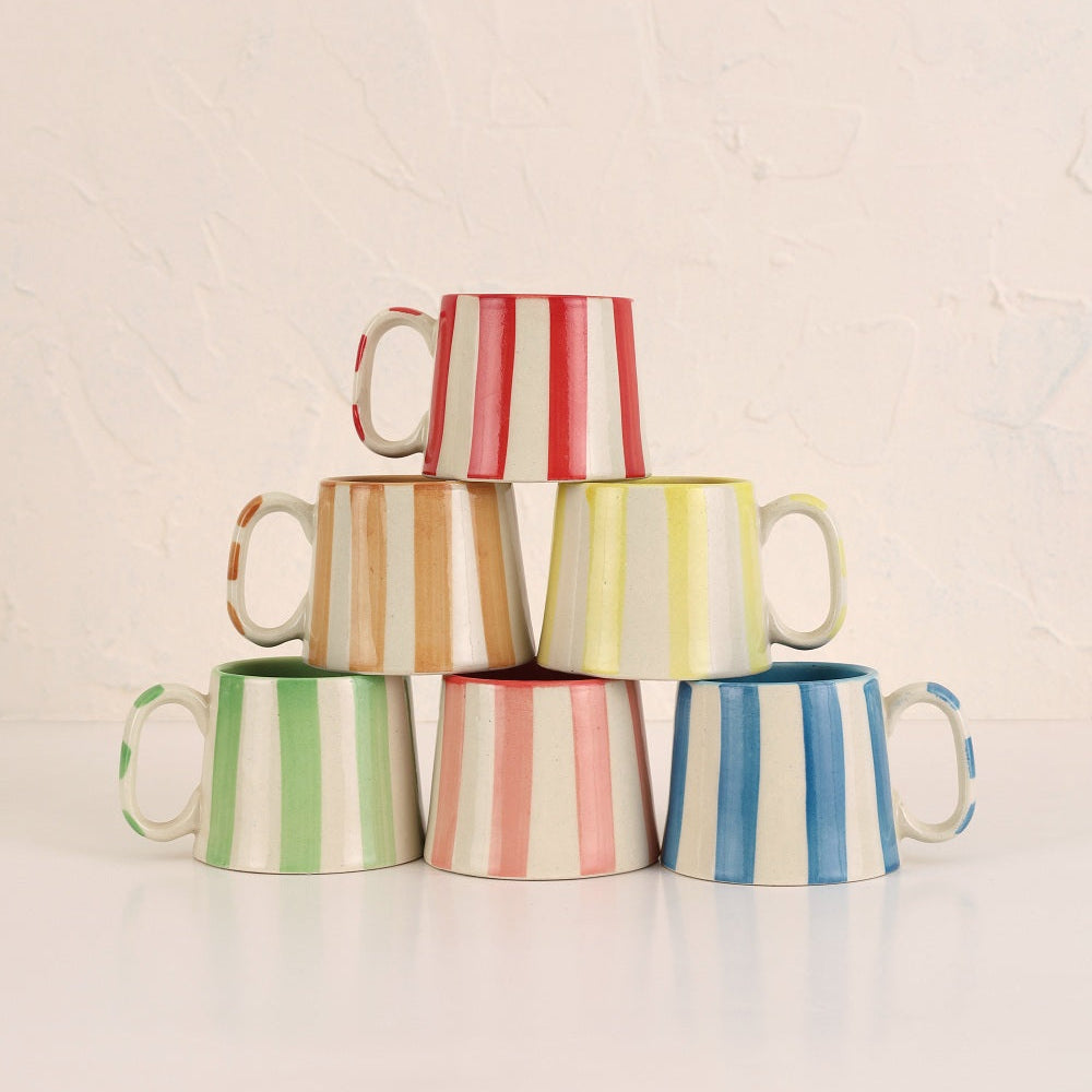 Set of 2 | Pink Stripe Handpainted Stoneware Coffee Mugs | 7.5oz