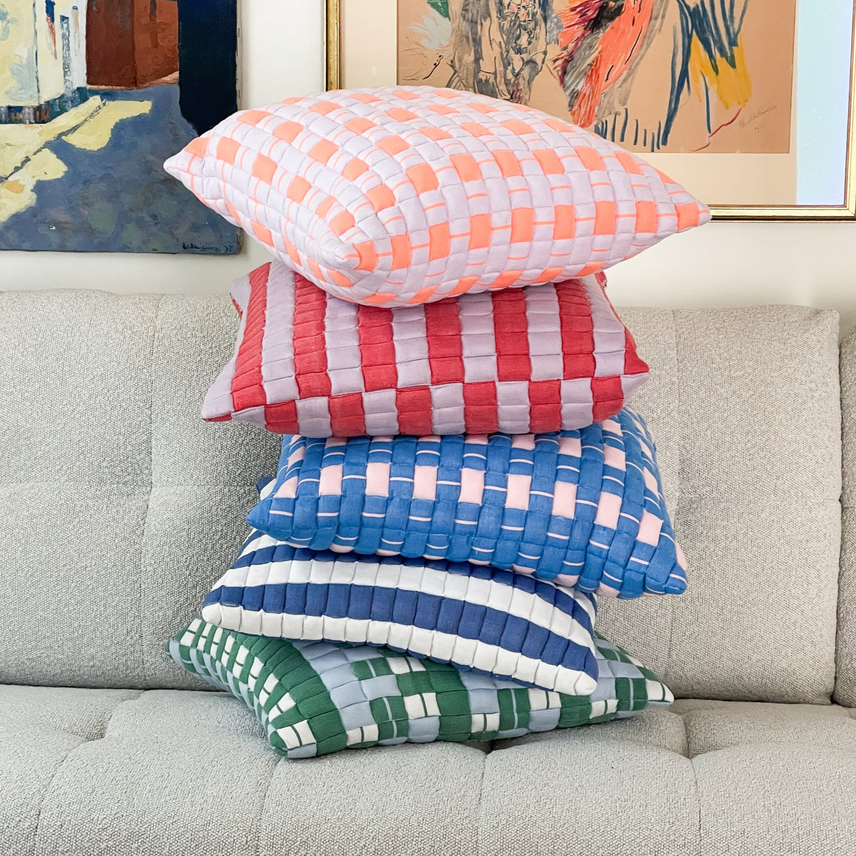 Sujani Quilted Pillow in Soft Pink and Blue