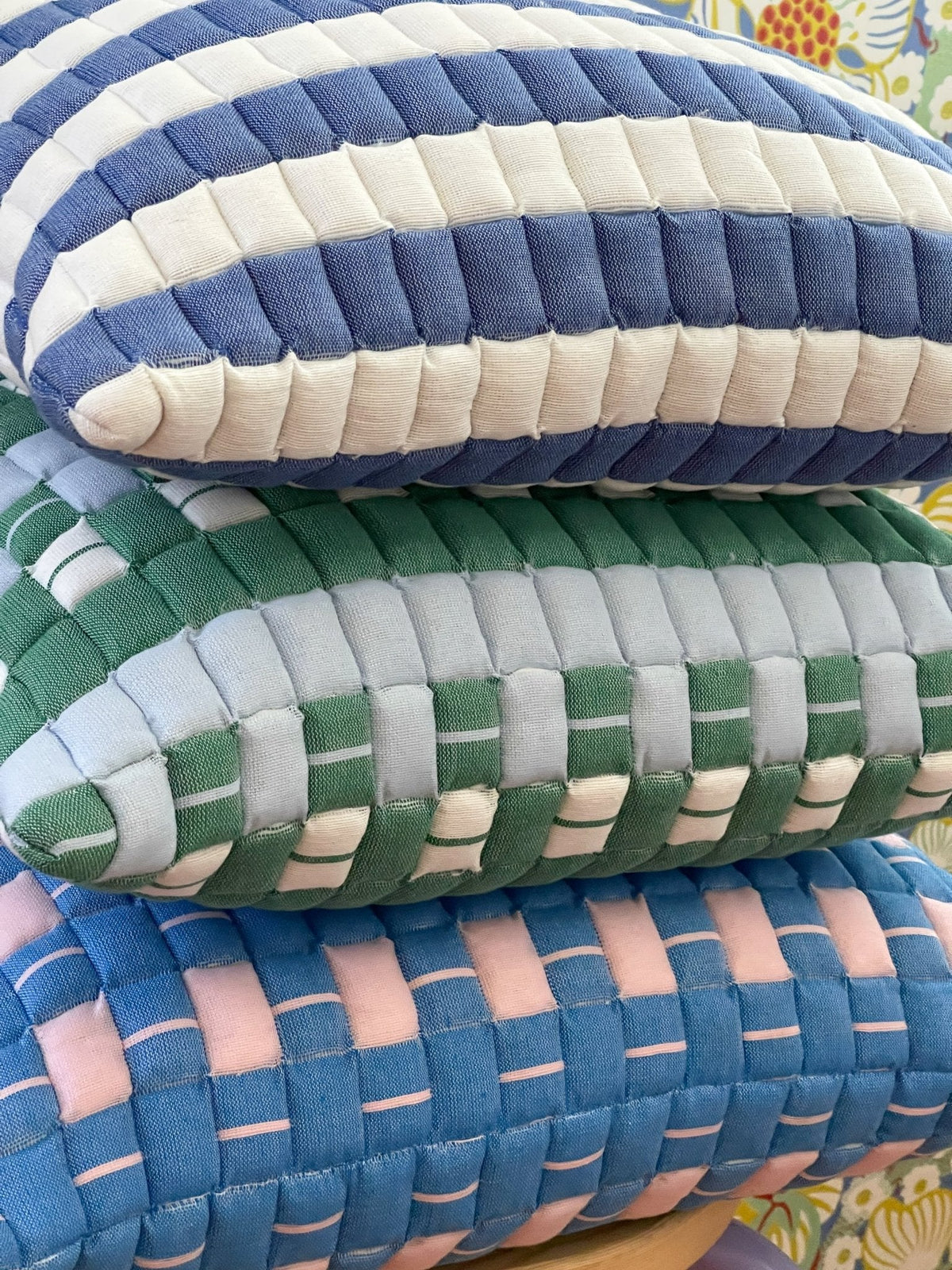Sujani Quilted Pillow in Soft Pink and Blue