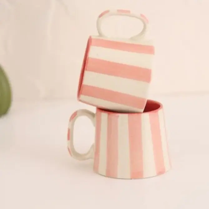 Set of 2 | Pink Stripe Handpainted Stoneware Coffee Mugs | 7.5oz