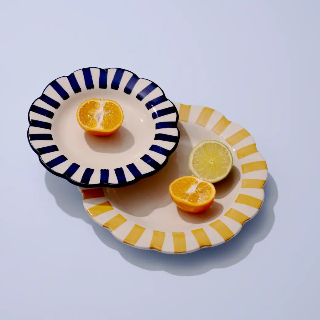 Set of 2 | Yellow Stripe Handpainted Ceramic Dinner Plates | 10"