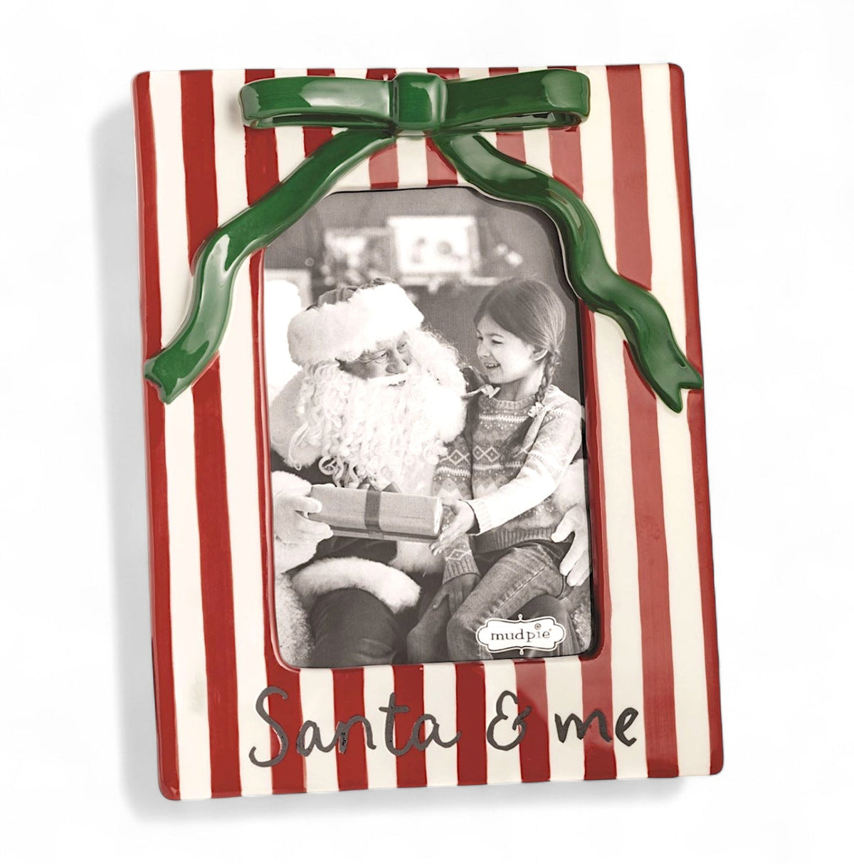 Christmas Bow Santa & Me Red & White Stripe Ceramic Photo Frame