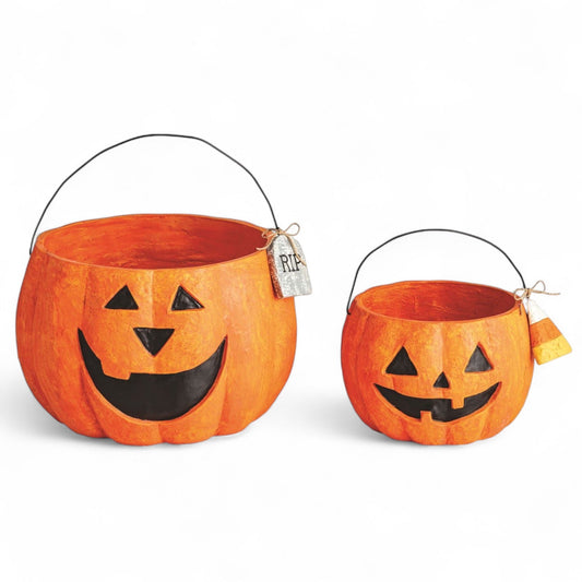 Paper Mache Orange Jack-O'-Lantern Treat Buckets | 2 Sizes