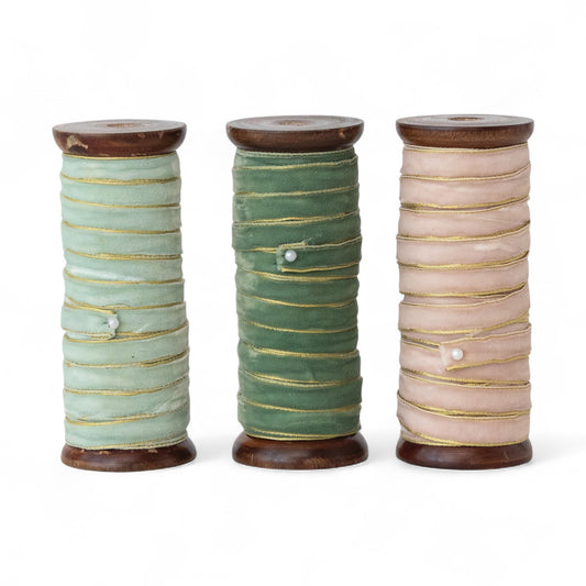 Velvet Ribbon with Gold Edges on Wood Spool
